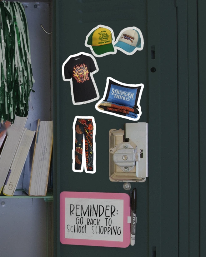 Locker with Stranger Things merch stickers and a reminder to go back to school shopping