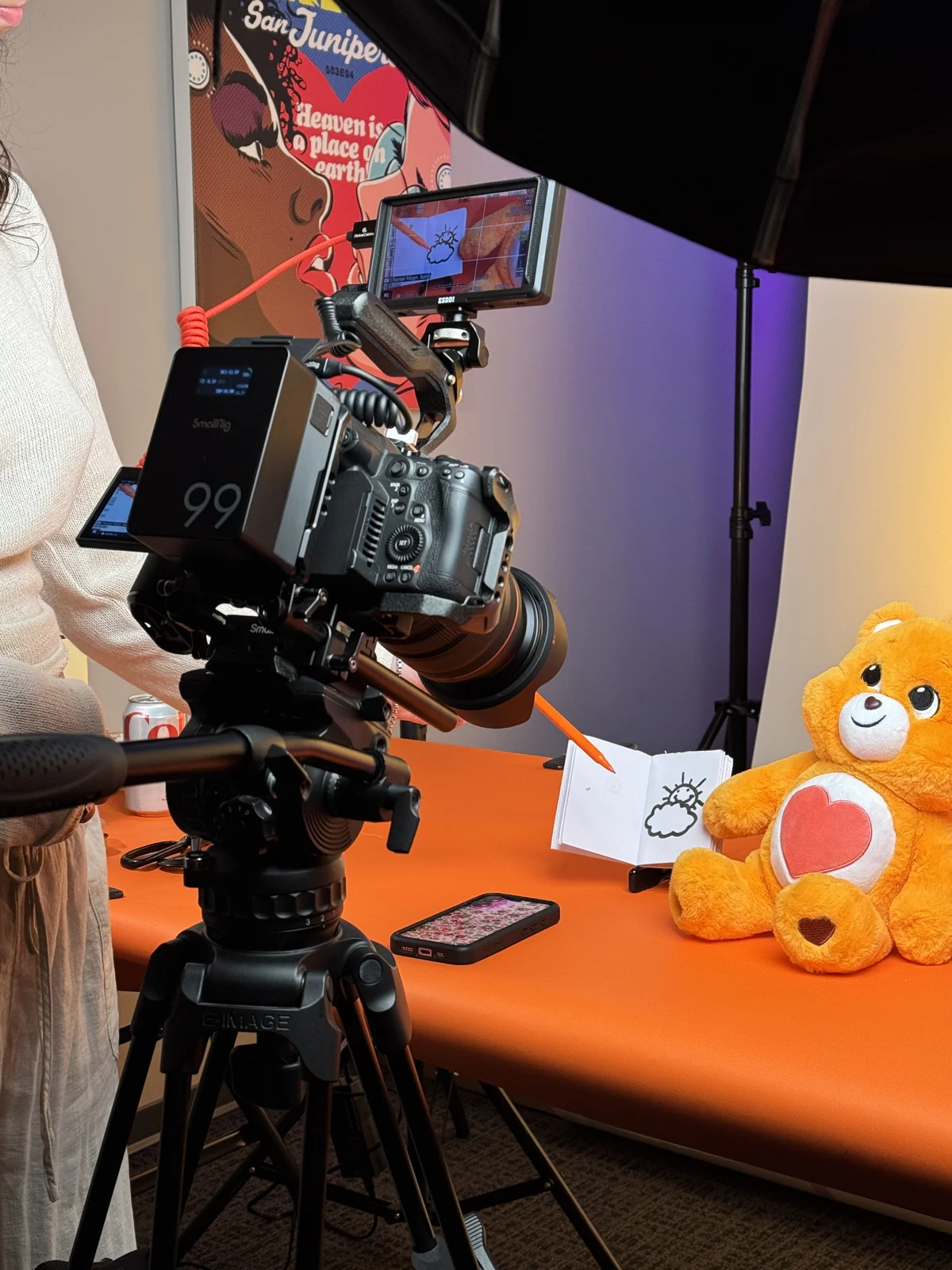Camera rig shooting an orange Care Bear on an orange table