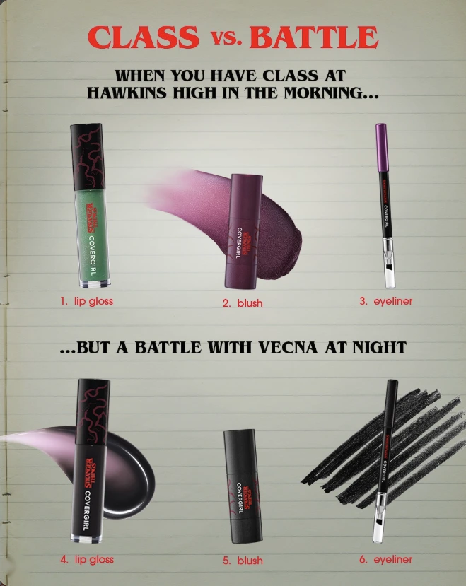 Class vs. Battle: CoverGirl lip gloss, blush and eyeliner for a morning at Hawkins High and a night battle with Vecna