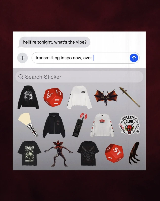 Sticker keyboard with Stranger Things merch: hellfire tonight, what's the vibe? transmitting inspo now, over